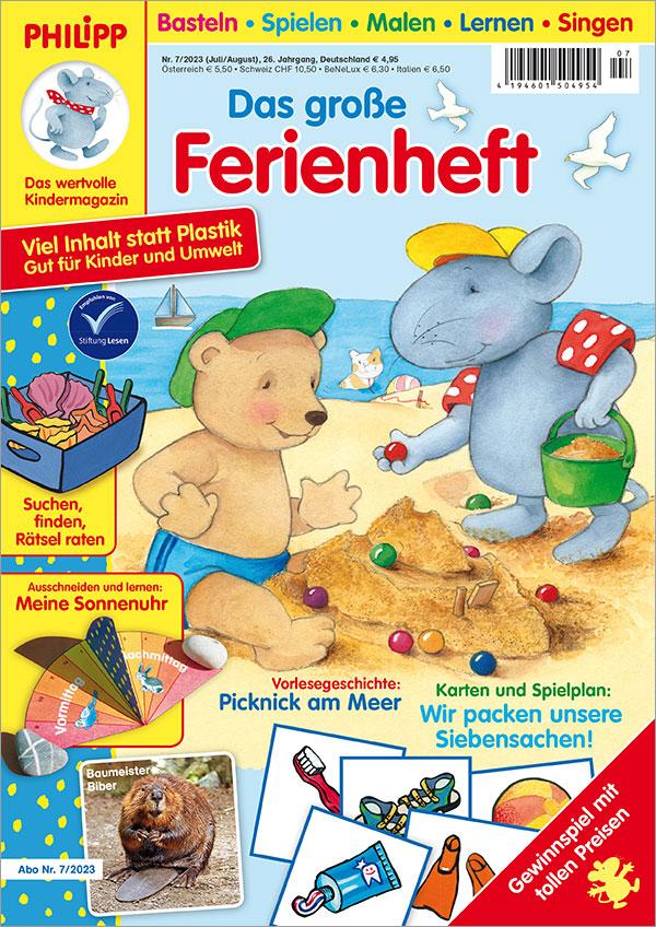 Die Abbildung zeigt das Titelblatt der Kinderzeitschrift PHILIPP die Maus Ausgabe 7/2023