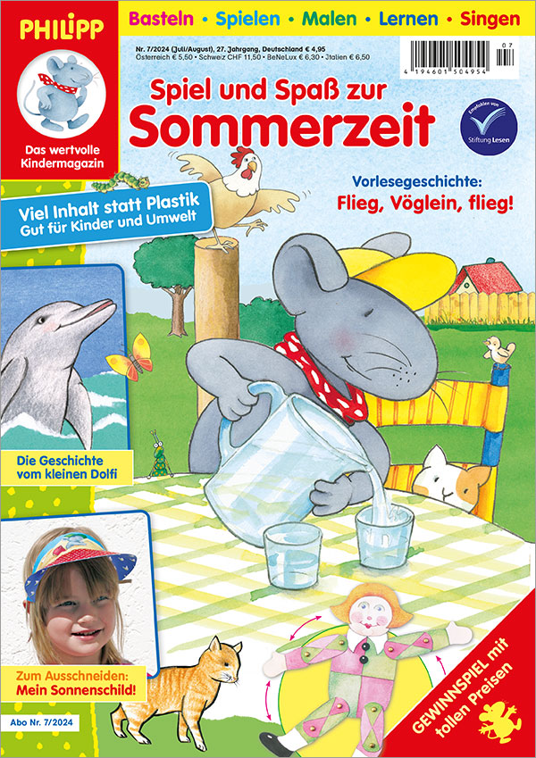 Die Abbildung zeigt die Titelseite der Ausgabe 7/2024 der Kinderzeitschrift PHILIPP die Maus